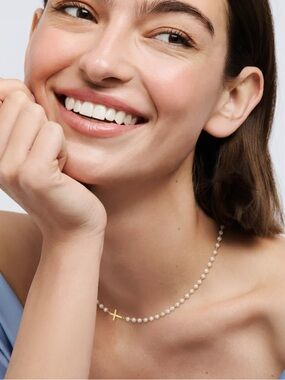 Viole Grace Pearl Bead Necklace with Gold Cross Accent - White